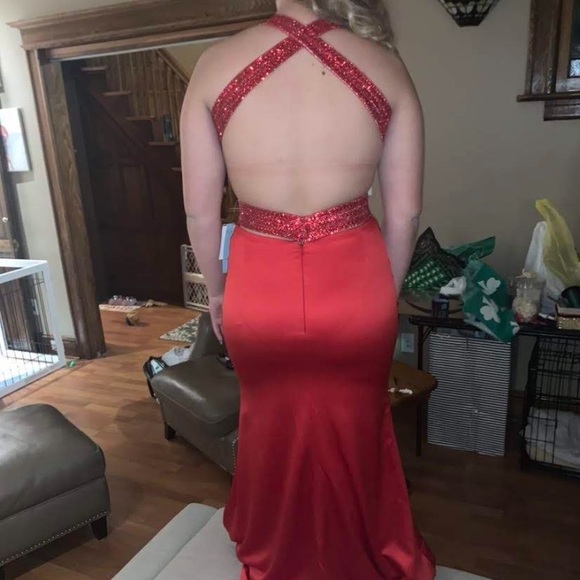 Camille La Vie Red Bling Halter Gown - Picture 4 of 5